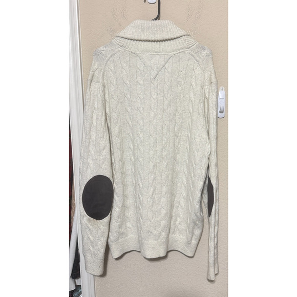 TOMMY HILFIGER Fisherman Sweater Lux Cotton Mens L Ivory shawl collar cable knit - Picture 7 of 8
